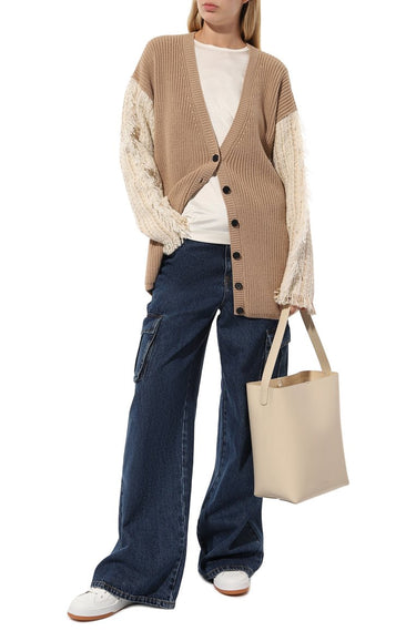 Women's Ribbed And Tweed Patchwork Maglia Cardigans Beige