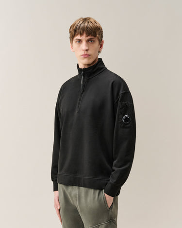 Men's Brushed and Emerized Diagonal Fleece Mixed Boxy Lens Half Zip Sweatshirt Black