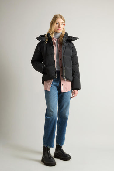 Short Alsea Down Jacket in Stretch Nylon with Detachable Hood Black