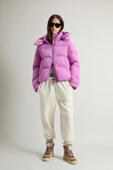 Short Alsea Down Jacket in Stretch Nylon with Detachable Hood Liatris