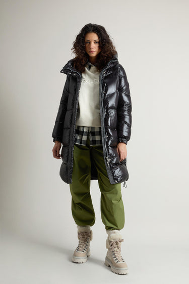 Aliquippa Long Down Jacket in Glossy Nylon Black