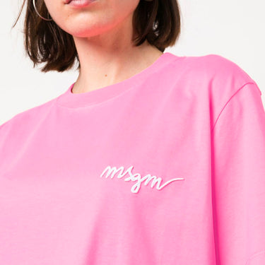 Round neck cotton T-shirt with embroidered logo Pink