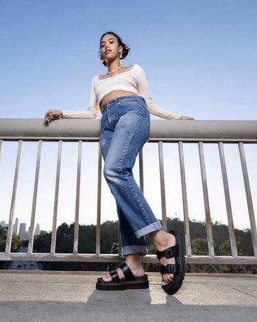 Unisex Myles Brando Leather Buckle Slide Sandals Black