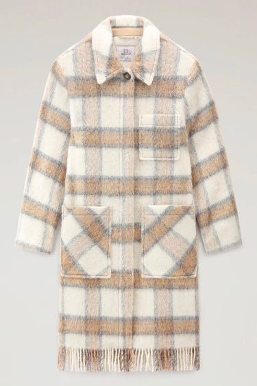 Brushed Wool Long Overshirt with Fringe Cream Check